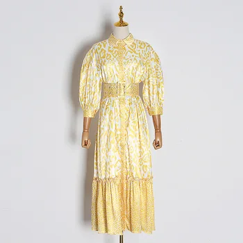 

Designer 2020 Leopard Print Dress Women Lapel Lantern Sleeve Female Dresses 2020 Spring Summer Fashion Vestidos