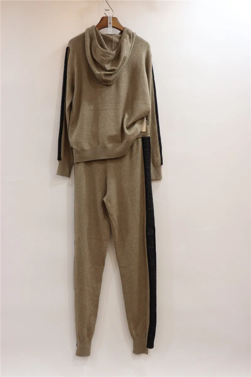 30% Wool+ 45% Cashmere warm Knit Suits hooded cashmere woolen Sweater+ Mink Cashmere Trousers Brilliant Two-pieces sets F409