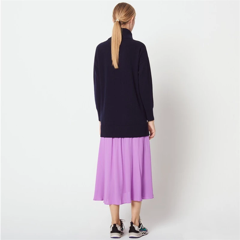 Tunjuefs свободное открытое вязаное платье для женщин Vestido водолазка Шифон Подол лоскутное одеяло длинный рукав пуловеры для подиума зима