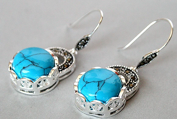 

charm lady's 925 Silver Blue jade Marcasite Earrings 14/5" REAL Natural