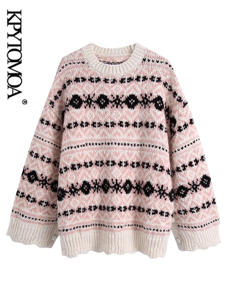 brown cardigan KPYTOMOA Women Fashion With Side Vents Oversized Jacquard Knit Sweater Vintage O Neck Long Sleeve Female Pullovers Chic Tops cute sweaters