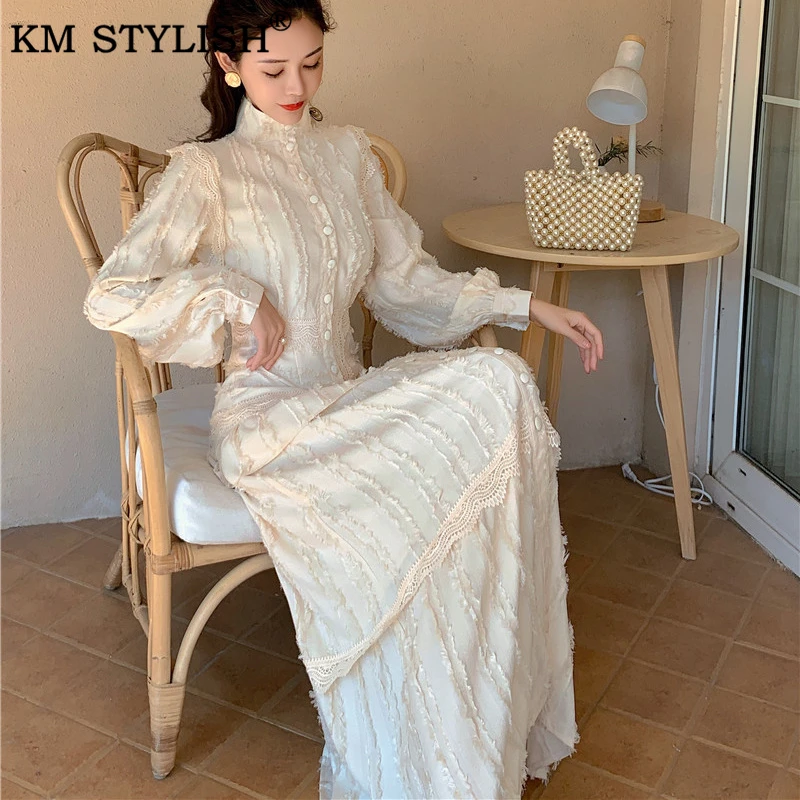 Женская одежда, длинное платье, Vestidos, новинка, французский Дворцовый стиль, рукав-фонарик, для отпуска, с длинным рукавом, платье средней длины