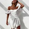BOHO INSPIRED white ruffle women dress Tie up back ladies party dress puff sleeve mini summer dress Pleated chic dress female ► Photo 1/6