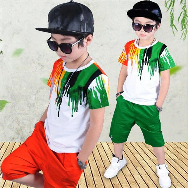 New Summer Boys Clothing Set Casual Hip-hop Stripe Colorful T-Shirt + Pants 2Pcs Suit Kindergarten Performance Kids Clothes