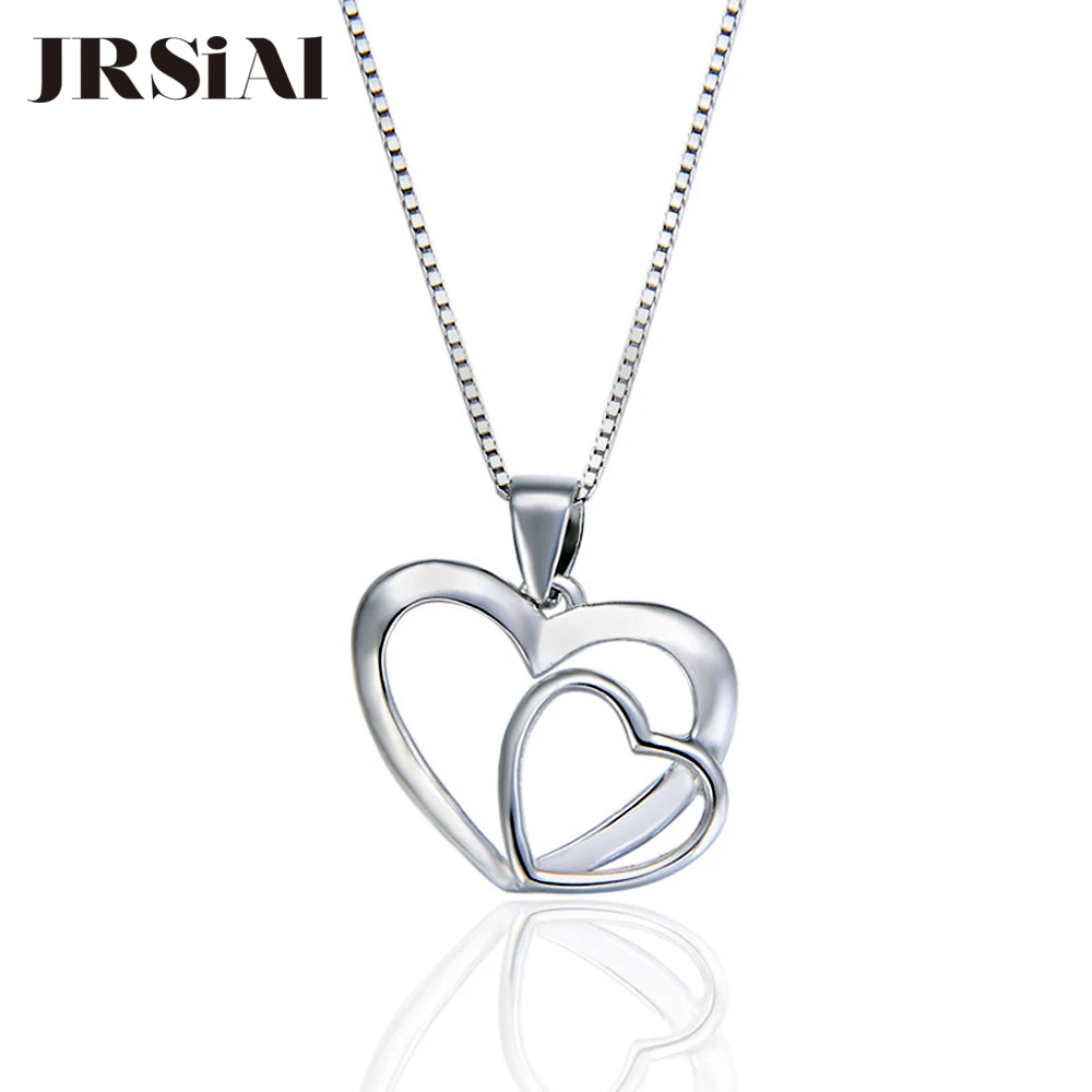 

JRSIAL 925 Sterling Silver Double Heart Pendant Clavicle Elegant Lady's Heart Print Pendant Simple Heart Necklace Accessory