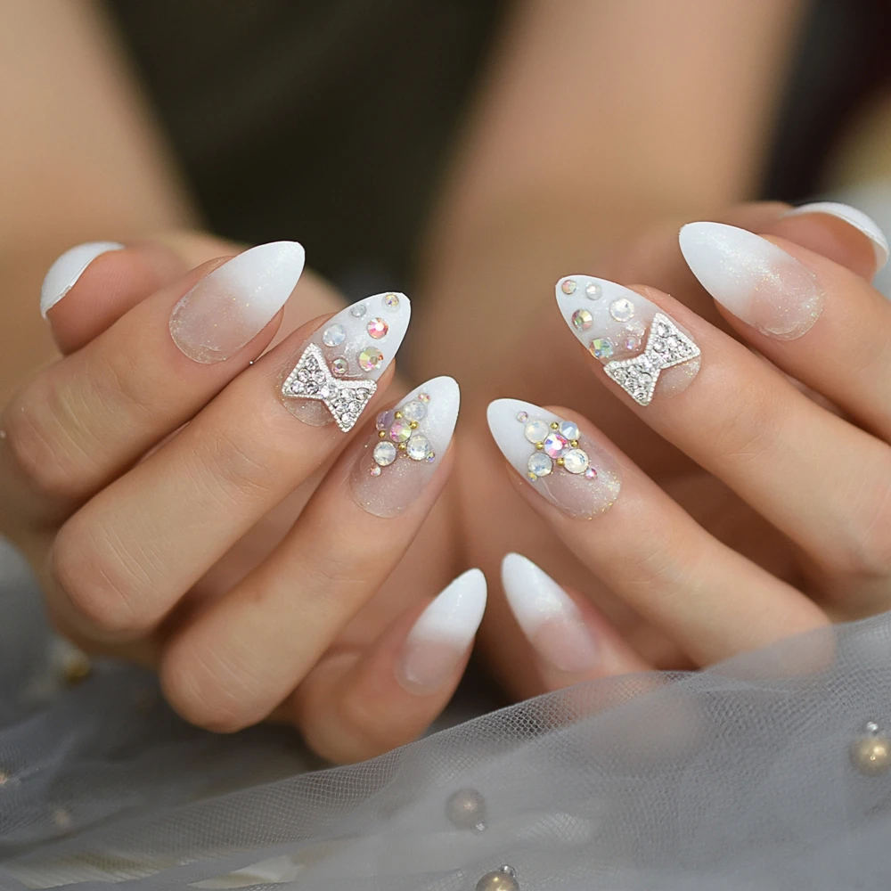 Ombre блестящая искусственная кожа Ongles Белый Французский Типсы шпильки на заказ Deisgner накладные ногти с Стразы Украшение бантом