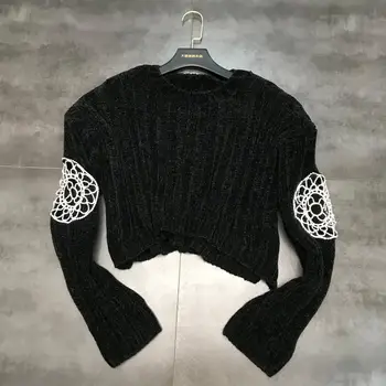 

2019 Autumn and Winter New Rhinestone Hollow Pullover Sweater Women Solid Color Insert Diamond Short Stretch Knit Sweater