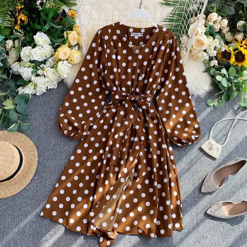 YuooMuoo Fall Korean Style Women Polka Dot Midi Dress Ins Hot Sashes Vintage Elegant Long Sleeve Green Dress Ladies Dresses - Color: Brown