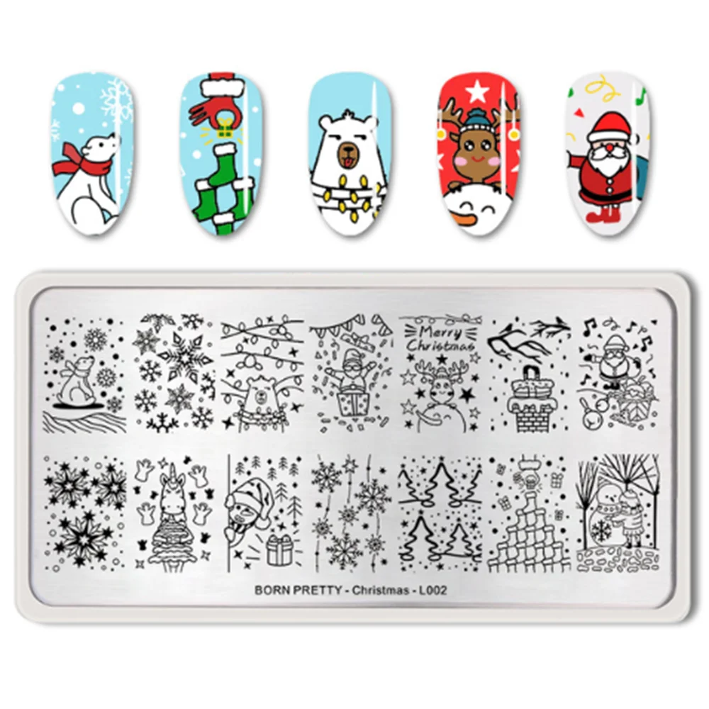 Рождественские пластины для штамповки ногтей Снеговик полярный медведь прямоугольный шаблон с Санта-Клаусом и оленем дизайн ногтей трафарет