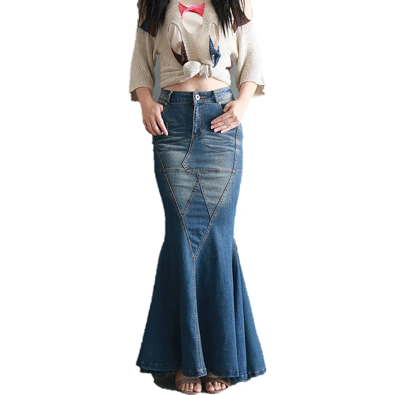 Fishtail Skirt Vintage Worn Slim High Elastic Patchwork Denim Long