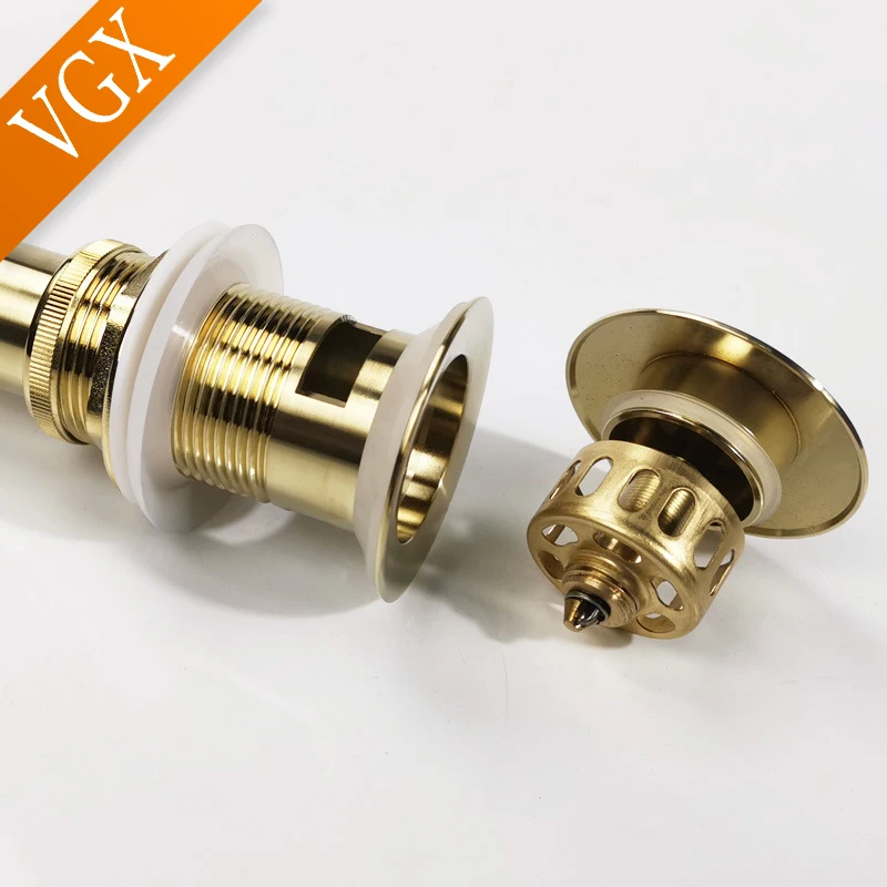 VGX Bathroom Basin Sink Pop Up Button Round Drain Waste Stopper Strainer Hotel Drainer Accessories Brass Brushed Golden D0002