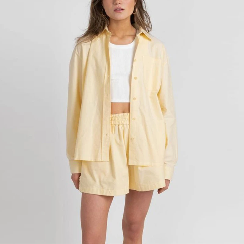 Conjunto de pantalón corto y camiseta de manga larga para mujer, ropa informal de salón, color amarillo, verano, 2021