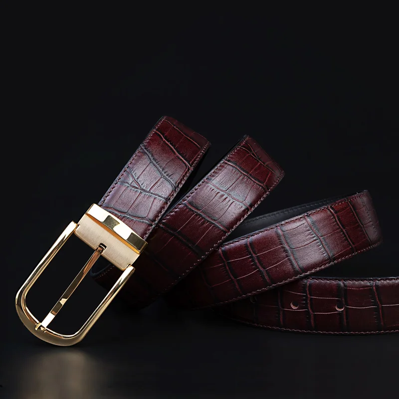 Brown men Belt Мужские ремни из натуральной воловьей кожи с пряжкой, Модный деловой мужской ремень, роскошный поясной ремень с крокодиловой текстурой - Цвет: Brown men Belt