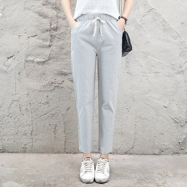 mmck light gray Летние хлопковые льняные брюки длиной до щиколотки, женские осенние повседневные свободные брюки, брюки от Harlan, женские белые брюки с высокой талией - Цвет: mmck light gray