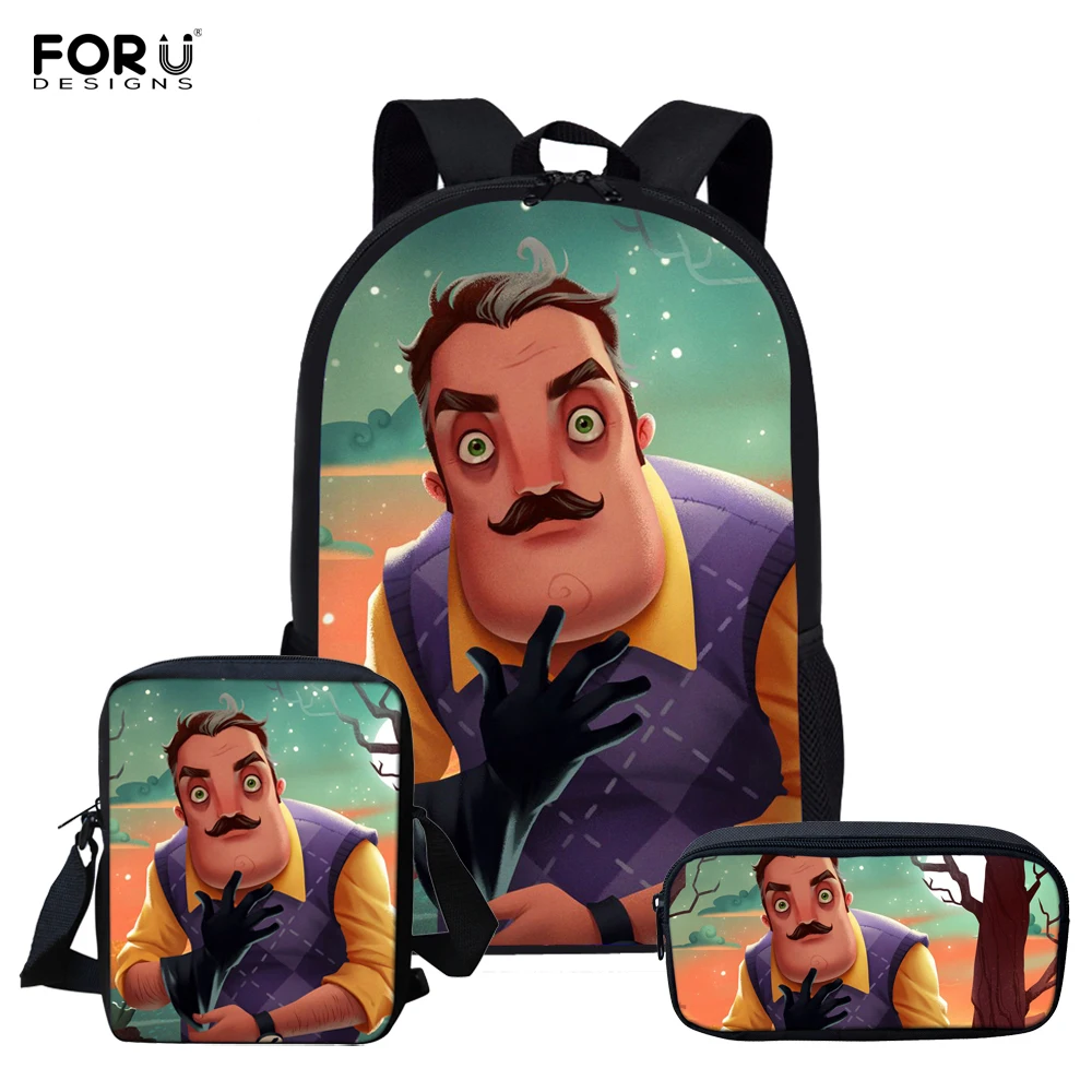 

FORUDESIGNS 3 Pcs/Set Teen Boys School Bags with Cartoon Hello Neighbor Printed School Backpacks Student Bookbags Mochila