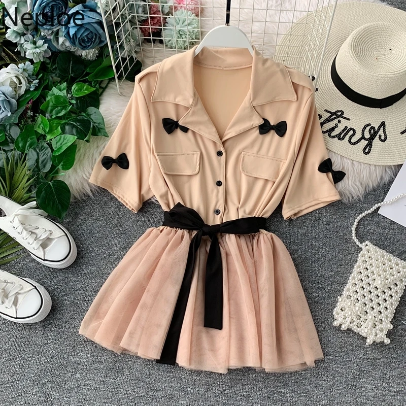 

Neploe Short Sleeve Safari Style Blouse 2019 High Waist Lace Up Shirt Sweet Gauze Patch Bowknot Tops Women Fashion Shirts 53896