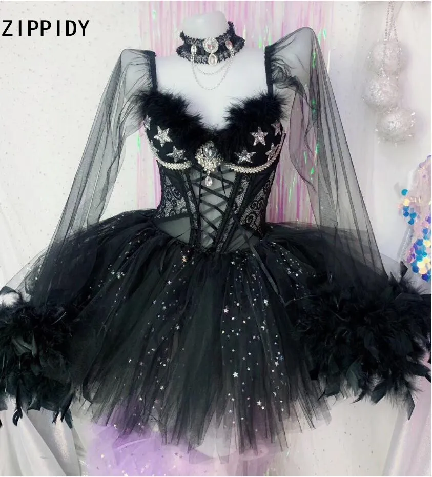 Черное перо камни прозрачный длинный рукав боди юбка наряд комплект День Рождения Праздновать наряд женщины певица комплект на выпускной