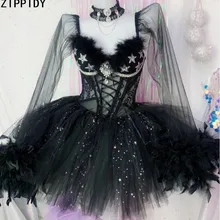 Черное перо камни прозрачный длинный рукав боди юбка наряд комплект День Рождения Праздновать наряд женщины певица комплект на выпускной