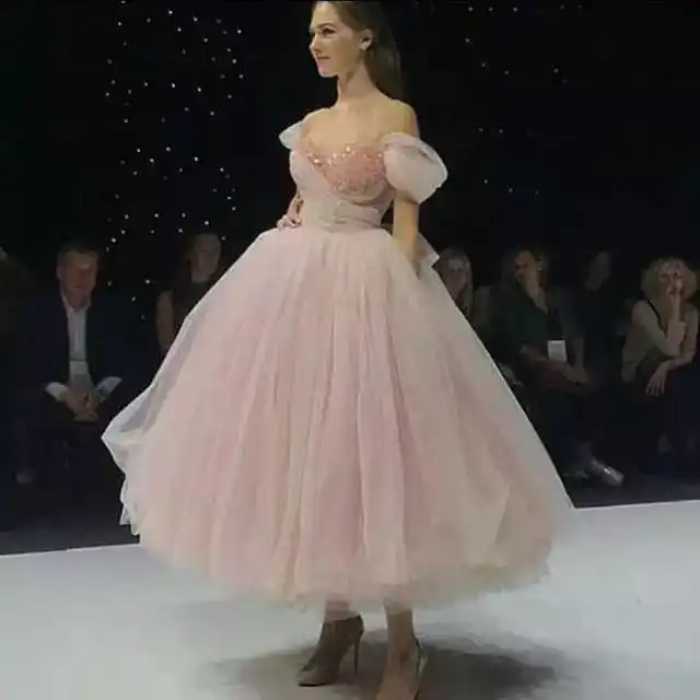 Выпускные платья с рукавами класса люкс для женщин с открытыми плечами розовая Тюлевая Футболка Длина Сексуальные вечерние ночные платья