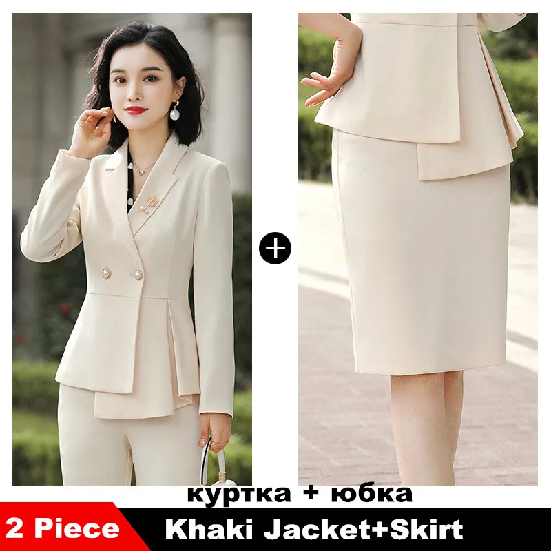 khaki skirt suit Женский костюм из синтетической ткани, зеленая юбка, костюм, набор, высококачественный элегантный костюм из двух предметов, необычный пиджак, юбка, костюм 801356 - Цвет: khaki skirt suit