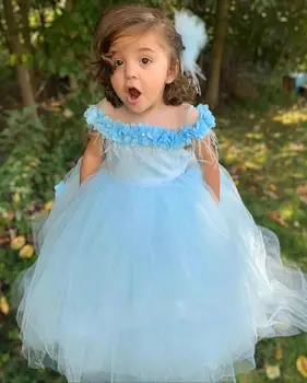 

Sky Blue Baby Infant Girl Dresss Kids Birthday Gown Feather off shoulder Girls Pageant Party Dress Flower Girl Dress