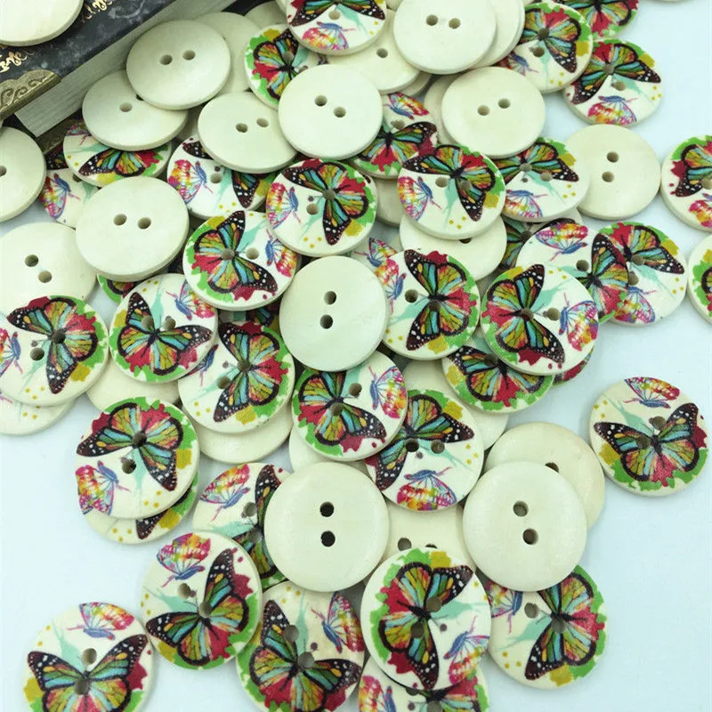 

DIY 100pcs Wooden Sewing Buttons Round Print Butterfly Fit sewing or scrapbooking 20mm