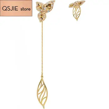 

QSJIE High quality SWA crystal leaf petal shape asymmetric Pierced Earrings