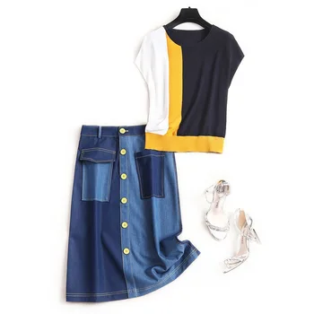 

Women color block skirt and top set summer 2020 short sleeve knitted sweater thin pullover jeans skirts 2 piece sets outfit