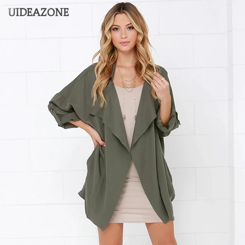 UIDEAZONE, повседневный Женский Тренч, для офиса, для девушек, однотонный, для девушек, пальто, открытая строчка, отложной воротник, OL, с широкой талией, осень