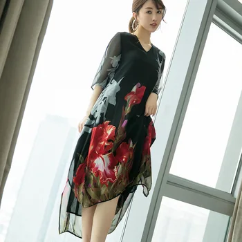 

Silk New Summer Dresses 2020 Women Casual Tops Boho Floral Loose Elegant Irregular Dress Vestidos High Quality LX1685