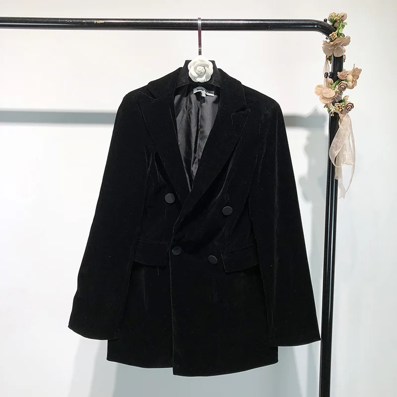 

Women's suit jacket autumn long black velvet double-breasted long-sleeved suit fashion ladies jacket 2019 new