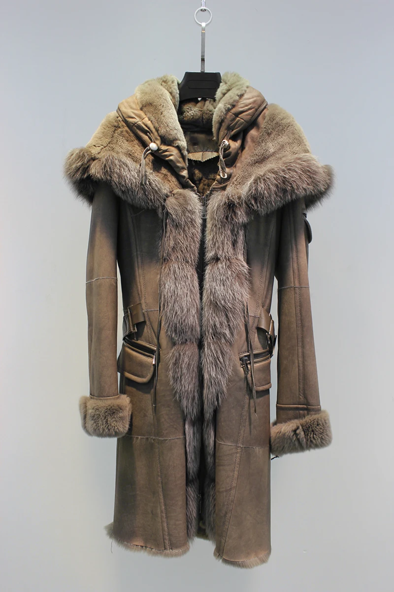 Женское зимнее повседневное пальто с воротником из лисьего меха и овечьей шерстью с подкладкой из овечьей кожи с длинным рукавом
