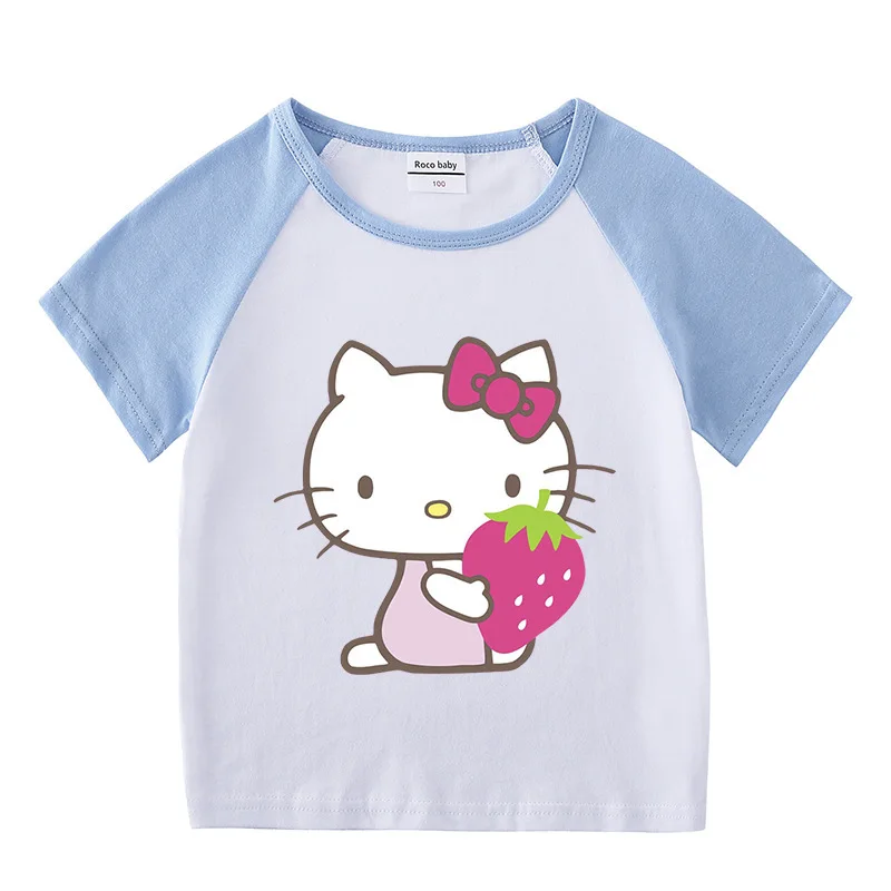 Hello Kitty-ropa transpirable de algodón puro para niños, conjunto de dos piezas, moda informal para niñas, pantalones cortos de manga corta, traje deportivo para niño