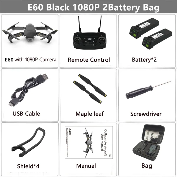 Дрон E60 RC с 4K HD камерой FPV Wi-Fi функция удержания высоты Selife Дрон складной Квадрокоптер Vs E58 E520 SG106 M69 дроны - Цвет: 1080P Black 2B Bag