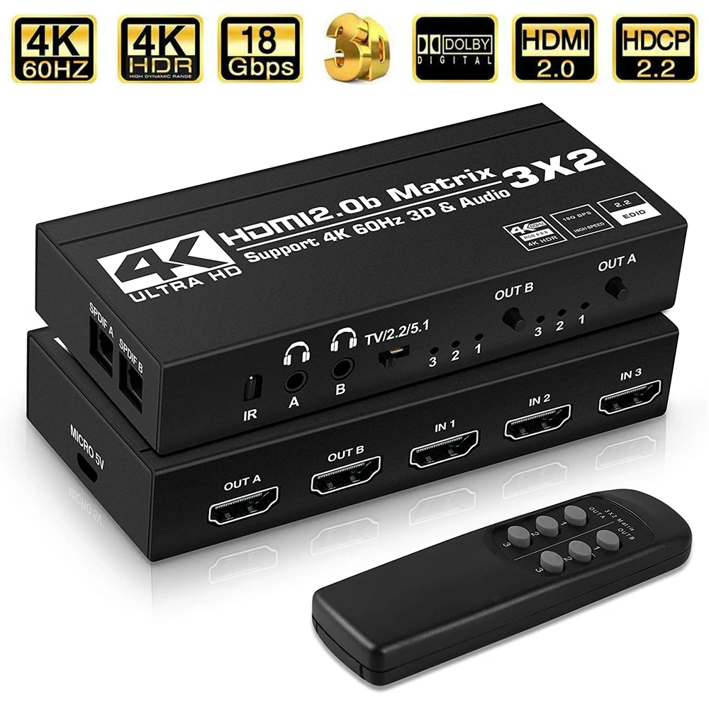 

Navceker 4K@60Hz Matrix Switch Splitter 3x2 HDMI-compatible with SPDIF and L/R 3.5mm HDR Switch 4x2 Support HDCP 2.2 3D for PS5