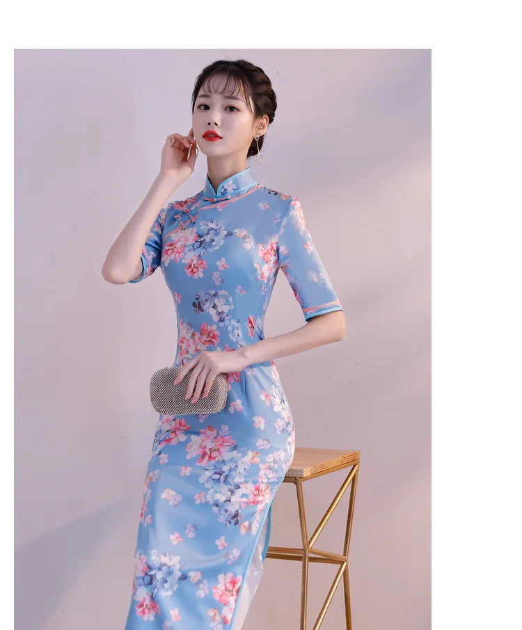 Open Rain Spring New Style Safflower Small Blue Small Fresh Xinfeng Long Cheongsam Youth Elegant nian qing kuan Cheongsam