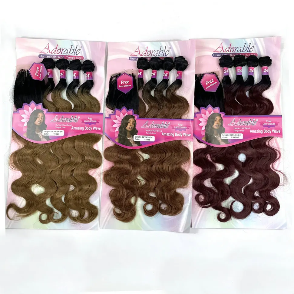 Adorable Full Packet Solution Synthetic Hair Bundles With Free 4*4 Machine Made Closure Ombre Color T1b27 Amazing Body Wave 4pcs