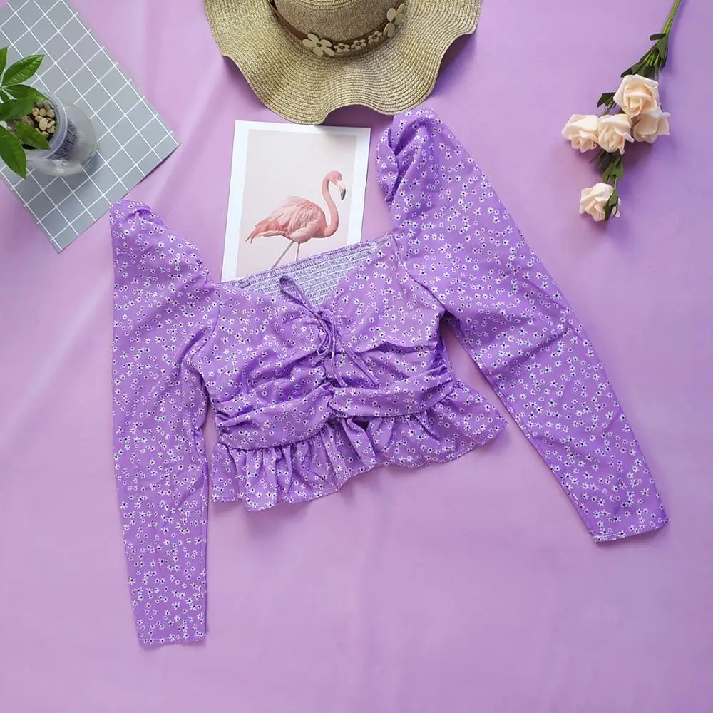 

women sweet printed floral crop top bow tie stretchy back long sleeve short blouses shirts female cute purple tops blusas za