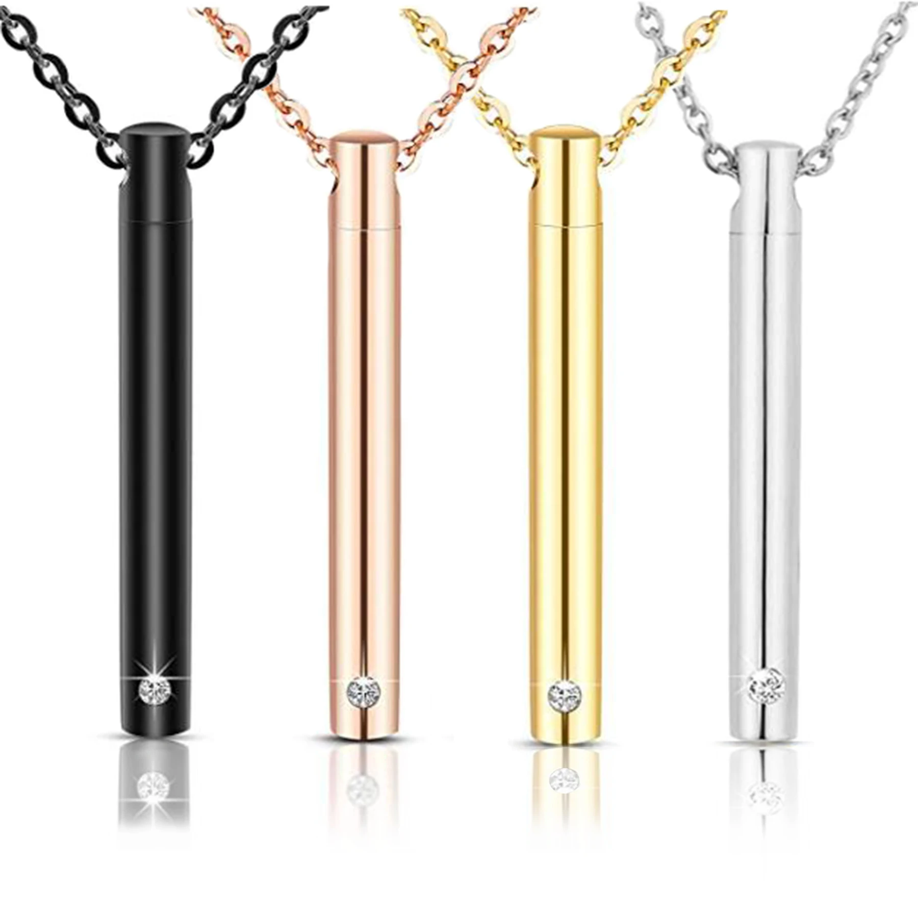 Unisex Stainless Steel Bar Cylinder Crystal Memorial Urn Pendant Slide