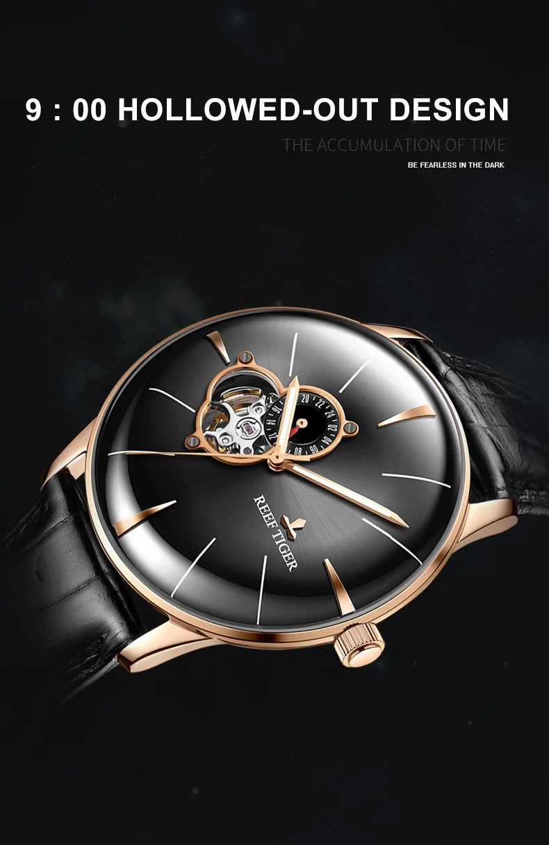 New Reef Tiger / RT Rose Gold Luxury Watch Automatic Mechanical Watches for Men Watches Tourbillon with Brown Leather Strap 8239