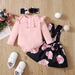 Ensemble de vêtements pour bébés filles, barboteuse à manches longues + jupe à bretelles florale, tenue 3 pièces pour nourrissons 