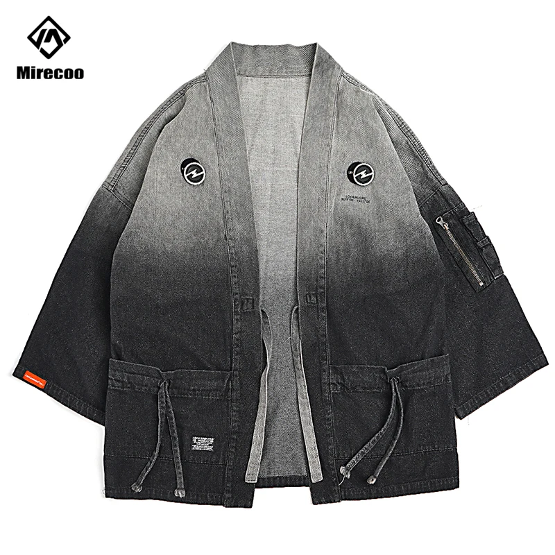 

Mirecoo Men Denim kimono Jacket Gradient Open Stitch Jacket Men Windbreaker High Street Hip Hop Men Coat New Clothing Autumn