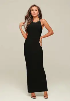 

Black Bandage Dress Halter Beading Sexy Long Backless Elegant Celebrity Evening Party Dress