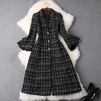 

Runway Designers Outerwear Winter Tweed Woolen Coats Women Overcoat Flare Sleeve Long Plaid Wool Blend Coat