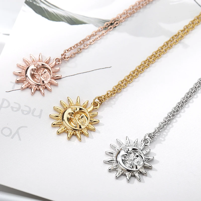 Vintage Sun Moon Pendant Necklace For Women Gold Color Stainless Steel Chain Necklaces Celestial Aesthetic Jewelry Collier mujer