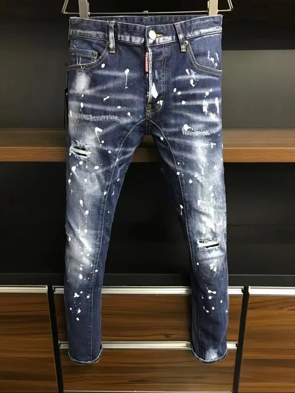 2021 Fashion Trend Dsquared2 Washed, Worn, Holes, Paint Spots Men's Jeans *A505 baggy jeans mens