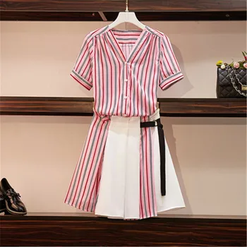 

2020 Summer OL Women Office 2-pieces Set Single breasted Short Sleeve Striped Blouse Shirt Tops+Pleated Mini Skirt Set Plus Size