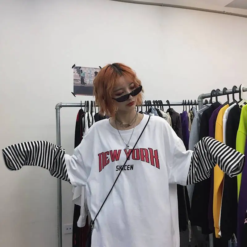 Harajuku футболка для мужчин осень бренд хип-хоп Письмо сплайсинга тройник Топ уличная одежда с длинным рукавом Мужская Повседневная Хип-Хоп Футболка женская