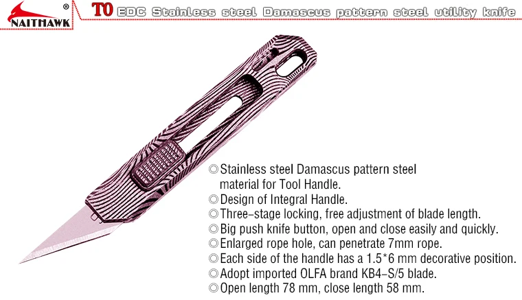 NAITHAWK к Мини Дамаск/титан/Timascus резак нож одна твердая ручка Япония OLFA лезвие бумаги резки нож для подарка