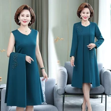 Robes de printemps et d'automne pour femmes d'âge moyen et âgées, gilet + jupe de perçage à chaud, vraiment deux pièces 